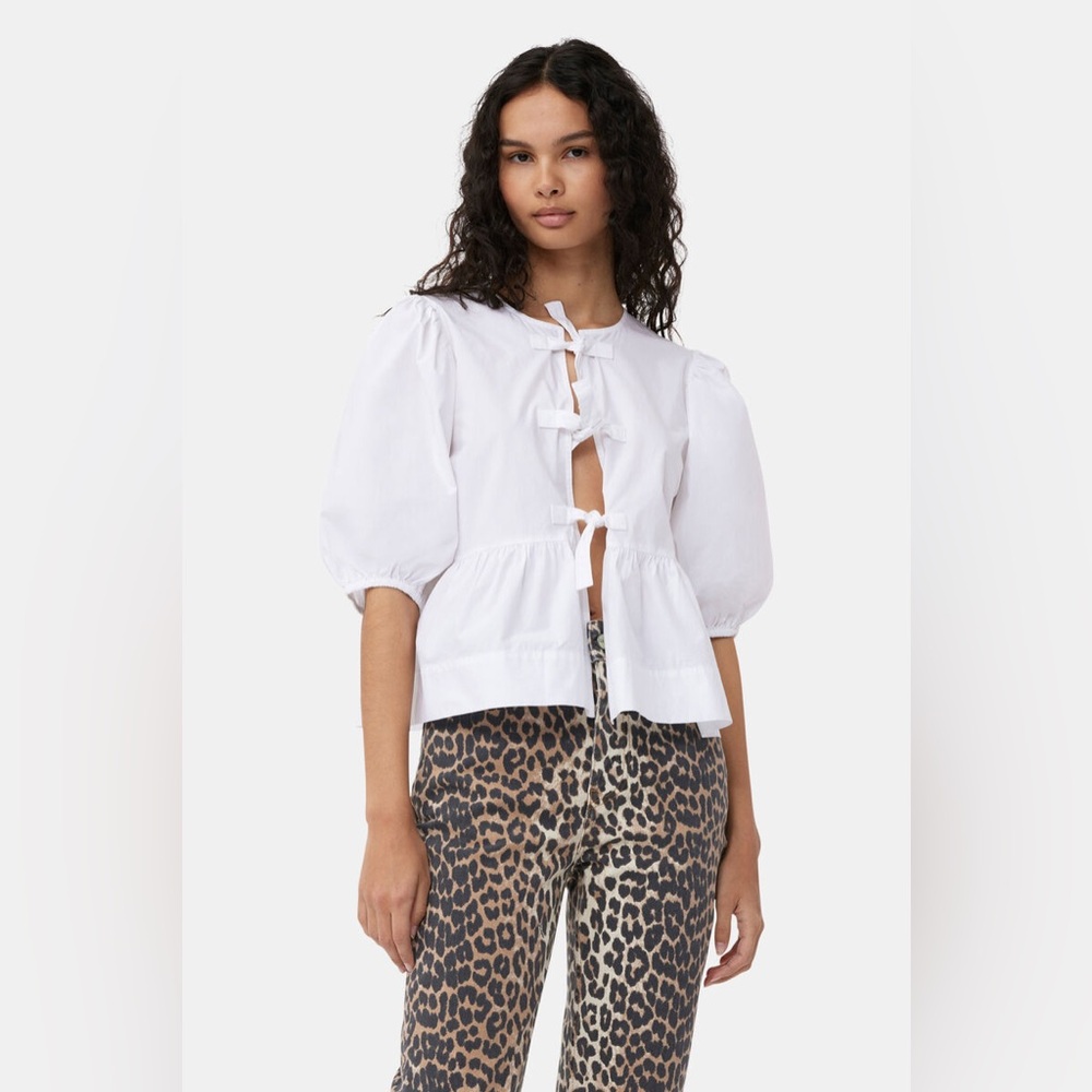 GANNI Cotton Poplin Peplum Tie Blouse